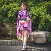 Japanese Women Traditional Silk blend Kimono Vintage Dress Floral Print Bow-knot Sakura Fancy Sexy Anime Cosplay Costume