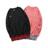 ファッションメンズファッションホール暖かいセーター格子縞のパッチワーク黒秋冬緩い街路男性セータープルオーバーOネックトップ