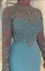 2018 Light Blue Long Sleeves Lace Mermaid Evening Dresses Appique Beaded Stones Floor Length Formal Party Prom Dresses