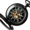 스팀 펑크 골동품 포켓 시계 로마 숫자 검은 자동 기계적 시계 남성 여성 골격 시계 펜던트 체인 선물