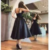 Elegant Black Short Cocktail Dresses Straps Spaghetti Short Prom Dresses Party Gowns Black A Line Evening Dress Tea-Length Custom Made