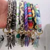 Fashion Pu Leather Tassel Bangle Keychain Bracelet Key Ring Round Sunflower Leopard Cactus Solid Keyring Pendant Gifts WX9-1649