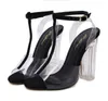 Hot Sale-New Crystal Skor Rensa PVC Transparent Sandaler Chunky Heels Women Prom Club Party Skor Storlek 35 till 40