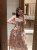 Rosa encaje bordado maxi vestido femenino otoño invierno manga completa cintura alta volante elegante largo fiesta vestidos mujer 2022