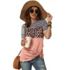 Mode Kvinnor Casual Short Sleeve Sommar T-shirt Leopard Stripes Stitching T Shirt Top Tees Femme Ladies Tshirt Kläder Mjuk