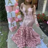 Aftonklänningar 3D Rose Floral Blush Pink Långärmad Slitage 2020 Sexig African Plus Size Keyhole Tillbaka Mermaid Dubai Prom Crows
