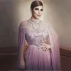 2019 Arabiska stil kvällsklänningar klänningar UK Långärmade Hög Neckline Silver Beading Top A Line Dusty Pink Chiffon Evening Dresses Dubai