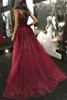 Red V pescoço elegante vestidos de baile de renda Apliques laterais dividem mulheres vestidos de festas longos trens de varredura 2019 vestidos de noite simples 174z