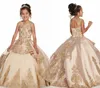 Champagne Meninas Pageant Dresses 2020 Crystals New frisados ​​Appliqued Long Ruched Criança Vestido Corset Flower Girl Vestidos Formal Wear