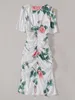 Luxury Queen Letizia Ortiz Rocasolano Rose Print Maxi Dress Pleated Party Dresses