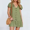 Casual Dresses Women Vintage Ruffle Button A-line Mini Dress Sexy V Neck Solid Loose Short Fashion Summer Elegant Party