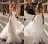 Sexy Plus Size Verão Vestidos De Casamento Boêmio Sheer Ilusão Lace Appliqued Top Aberto Voltar Tule Longo Vestido de Noiva Vestidos de Noiva Barato