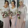 Robe demoiselle d'honneur Long Sleeves Mermaid Pink Muslim Bridesmaid Dresses Lace Applique Arabic Prom Dresses Party Gown259L