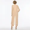 Elegant Three Pieces Mother Of The Bride Dress Pants Suit Sheath Long Sleeves Champagne Chiffon Wedding Prom Mother of the Bride Suits