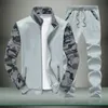 Mäns Retro Stitching Sports Set Casual Stand Collar Print Långärmad Slim Mäns Suit Cardigan M-4XL