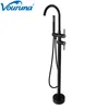 VOURUNA Black Round Floor Mounted Bathtub Faucet Bathing Filler Shower Mixer Taps