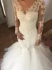 Back Sexy Illusion Mermaid Dresses V Neck Long Sleeves Lace Applique Sweep Train Trumpet Bridal Bech Wedding Gown Vestido De Novia estido