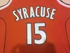 NCAA College Syracuse Orange University 15 Камерло Энтони Джерси Мужчины Баскетбол Оранжевый Белый Черный Цвет команды Дышащий Высочайшее качество