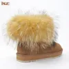 Inoe Cow Suede Leather Real Big Fox Fur Krótkie Koszulki Kobiety Zimowe Buty śniegu Dla Kobiet Winter Buty Czarny Brązowy Niepoślizgowy Sole