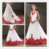 Blanco vintage y rojo satinado vestidos de boda de playa del bordado sin tirantes de tren capilla del corsé nupcial por encargo vestidos de boda