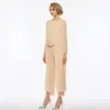 Elegant Three Pieces Mother Of The Bride Dress Pants Suit Sheath Long Sleeves Champagne Chiffon Wedding Prom Mother of the Bride Suits