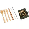 6 Pcs/Set Bamboo Tableware Portable Outdoor Travel Flatware Spoon Fork Knife Chopsticks Straw Brush Kitchen Cutlery Tableware Sets BH1994 CY