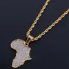 18K Vergulde Iced Out Africa Kaart Hanger Stainess Staal Ketting met 3mm 24 inch touw Chian