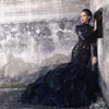 Black Mermaid Lace Wedding Dresses With Long Sleeves High Neck Ruffles Skirt Women Non White Bridal Gowns With Color Couture Custo270K