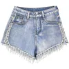 Calças quentes femininas novos shorts jeans 2020 verão novo solto calças jeans mão-cravejado flash diamante borlas cintura alta denim shorts