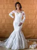 Vintage African Long Sleeves Mermaid Wedding Dress With Detachable Train Luxury Off Shoulder Lace Applique Plus Size Bridal Gown