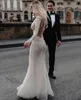 Sexy Mermaid Wedding Dresses Long Sleeve Deep V Neck Lace Appliques Beach Wedding Dress Sweep Train Plus Size Boho Vestidos De Novia