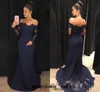 Bleu marine hors de l'épaule Robes de bal de bal en dentelle Sirage de balayage Sirène couverte Boulanges Back Longe Robe de fête en soirée 403 403