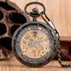 Classical Bronze Black Mechanical Hand-winding Pocket Watch Men Women Pendant Antique Clock with FOB Chain Gift montre de poche273O