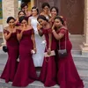 Bourgondië Afrikaanse meisjes bruidsmeisje jurken lange 2021 kant korte mouwen zeemeermin bruiloft gasten feestjurk plus size meid van eer gown al3569
