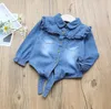 Barn designer kläder baby tjejer falbala bowknot cowboy skjortor blus barn våren höst långärmad härlig docka krage topp shirt AYP637