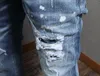 Jean bleu pour hommes, patchs Patchwork, détail de points, pantalon en Denim élastique, effet déchiré, pantalon de Cowboy