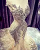 Robes de mariée champagne dentelle perles de cristal paillettes balayage train bijou cou robe de mariée sirène image réelle mancherons de luxe Br4670109