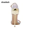 Aneikeh 2020 mode PU sandale femmes chaussures d'été Bling Bling minces talons hauts bout rond boucle sangle dames fête or argent 42