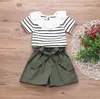 Kids Designer Roupas Bebê Meninas Lotus Folha Collar Conjuntos De Verão Striped Top Ruffle Shorts Ternos Infantil Manga Curta T Shirt YP733