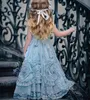 2022 Blue Halter Flower Girl Платья Специальный случай для свадьбы Рашаж Длина Кружева Платье Причастия Партия для Малыша