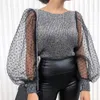 Malha feminina Puffy Primavera e Outono Thbbed Manga Longa Camisa Solta Ocasional de Bolinhas Tops Elegant Femme Turtleneck