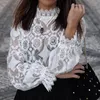 Lace Crochet Hollow Out White Women Shirts Ruffles Long Sleeve Transparent Stand Collar Ladies Blouses 2019 Elegant Fashion Tops