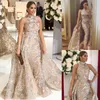 Yousef Aljasmi Lace Mermaid Evening Dresses Sequined Halter Neck Prom Gowns With Detachable Train Plus Size Formal Dress