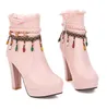 Plus size 32 33 34 to 40 41 42 43 44 sweet flounce platform thick heel ankle booties designer boots pink white black