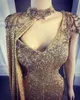 Aso Ebi 2019 Arabic Gold Mermaid Sexy Evening High Neck Lace Beaded Prom Dresses Sequined Formal Party Second Reception Gowns SY362