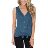 Tie Front Button Down T Shirts Kvinnor Sommar Ärmlös V Neck Lossa Casual Vanlig Tunika Blus Tank Top S-XXL