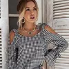 T-shirt à manches longues femmes Plaid hors de l'épaule hauts pour femmes T-Shirts manches évasées à lacets nœud T-Shirt haut pour femme tendance féminine