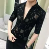 2019 Mężczyźni Koszula Wiosna Hollow Lace Patchwork Z Długim Rękawem Koszula Mężczyźni Streetwear Męskie Koszule Casual Slim Fit Night Club Dress Tuxedo