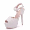 Hot Sale-white lace flowers elegant fashion stiletto heel wedding shoes Platform pearls Bridal sandals