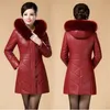 2019 Winter Leather Cotton-padded Coats New Middle Age Women Hooded Slim Leather Jacket Warm Medium Long Outerwear Plus Size 8XL